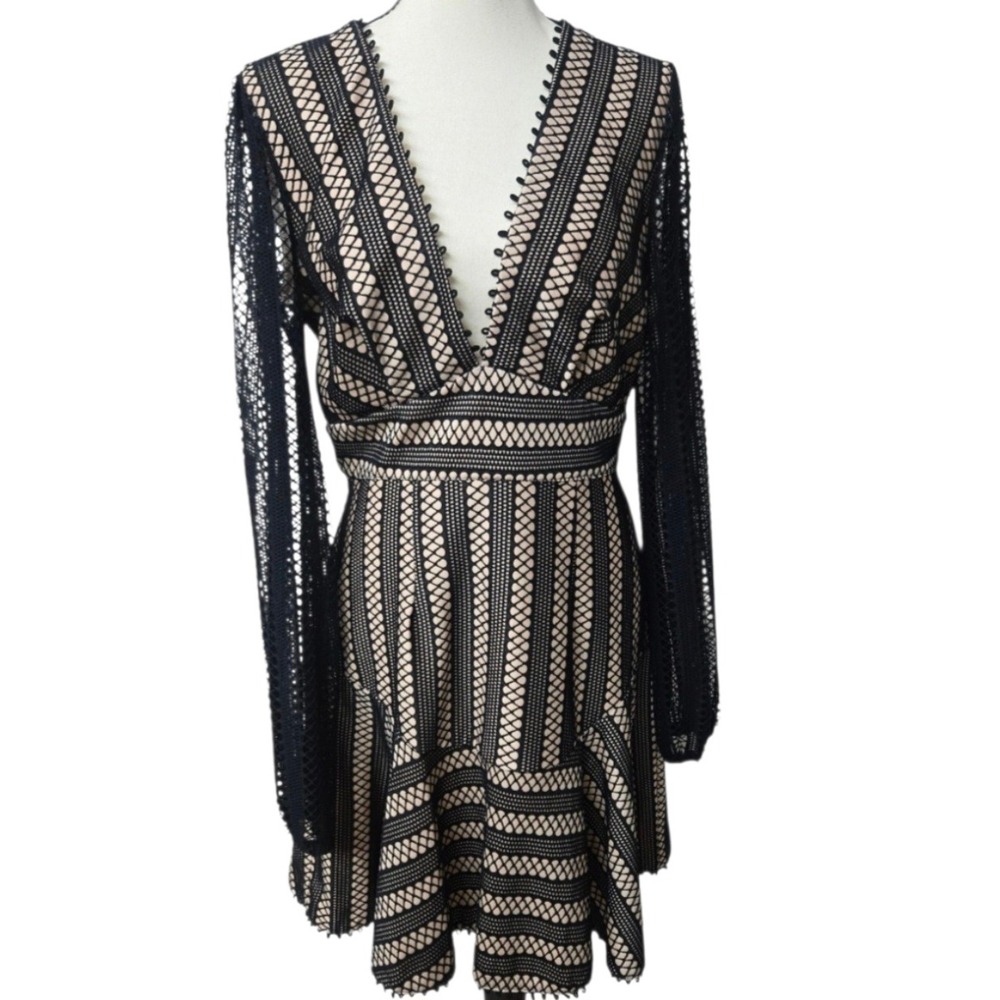 Lulus Mini Dress Black Tan Medium Crochet Lace V-Neck Long Sleeve Whimsygoth